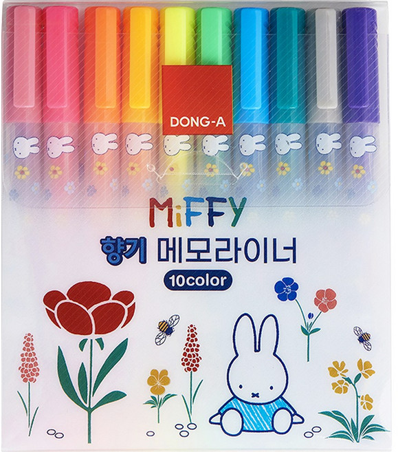 동아 미피 메모라이너 형광펜 10색 / 다양한 컬러 / 부드러운 필기감 / 선명한 색상 / 뛰어난 밀폐성 / 향기 형광펜 / 상큼한 향 / 10가지의 밝은 컬러