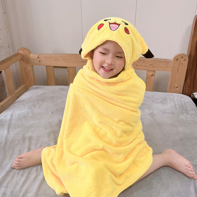 라바피카 귀여운 비치 타올 극세사 커플비치타올 해변 인싸 아동 입는 비치 타월 해수욕장 어린이 목욕 가운 수영장 키즈 모자 달린 수건 예쁜 샤워 롱 타월 욕실 망토 캠핑 호캉스, 150x70cm, 옐로우, 1개