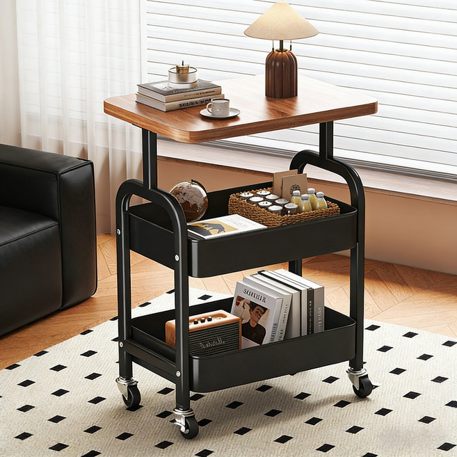 이동식 트롤리 다용도 선반형 수납 카트, 3단, 블랙