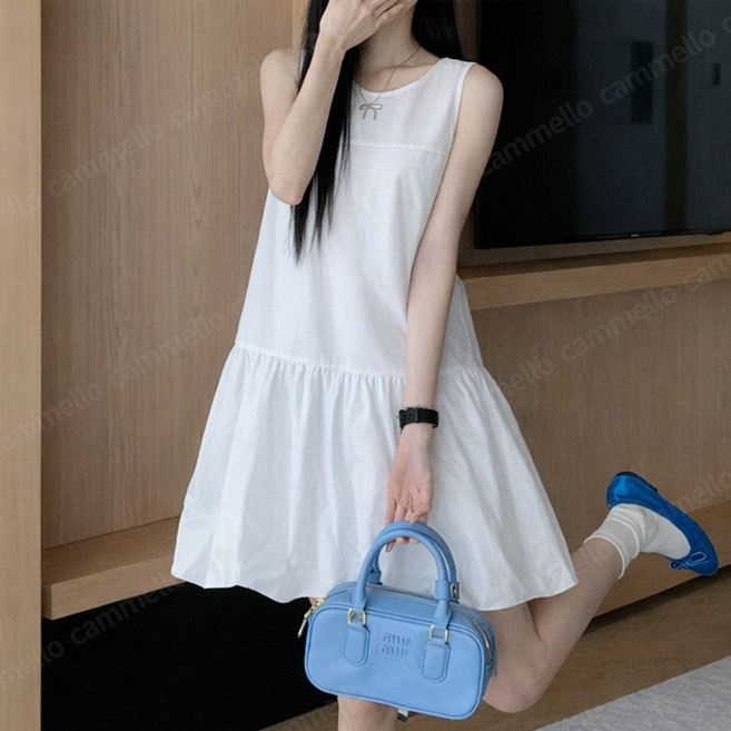 cammello 펌킨 벌룬 민소매 미니 원피스 여름 군살커버 나시 드레스 바캉스룩 휴양지룩