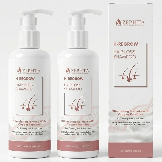 ZEPHTA H-Regrow 모발 성장 샴푸 - 탈모를 위한 모발 재성장 트리트먼트 - 모발 강화 및 두피 클렌징 촉진 - 얇은 모발용 구리 펩타이드 샴푸 (100ml(3.38, 2팩