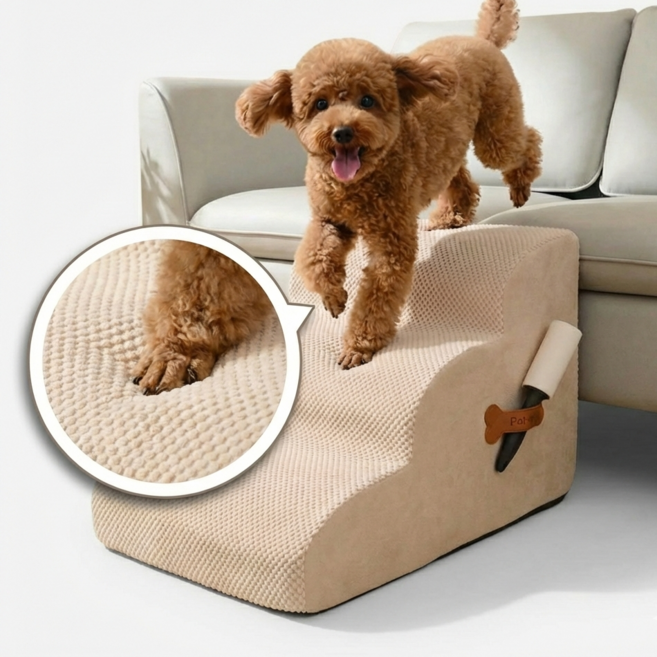 포우즈랩 논슬립강아지계단 3단 미끄럼방지 슬개골보호 펫스텝, 1개, 베이지