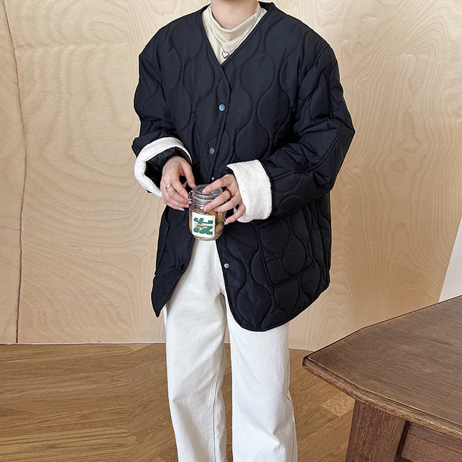 여성용 경량 누빔 노카라 숏패딩