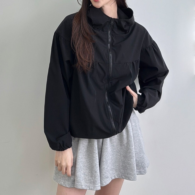 메이징 여성용 루즈핏 A라인 하이넥 후드 바람막이 점퍼