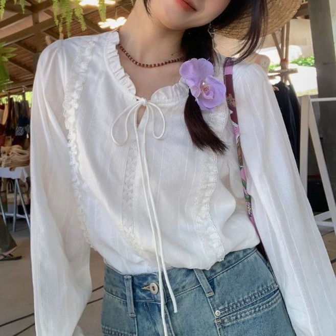 COSYEVNO 여성 봄 가을 블라우스 긴팔 셔츠 프릴 넥라인 루즈핏 BCXcs-3