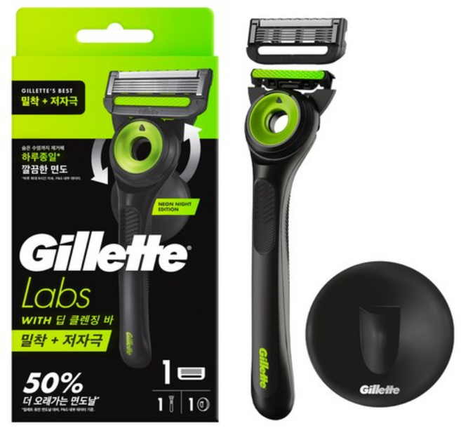 질레트랩스 네온 나이트 에디션 핸들 + 면도날 + 행어, 1세트, 1개