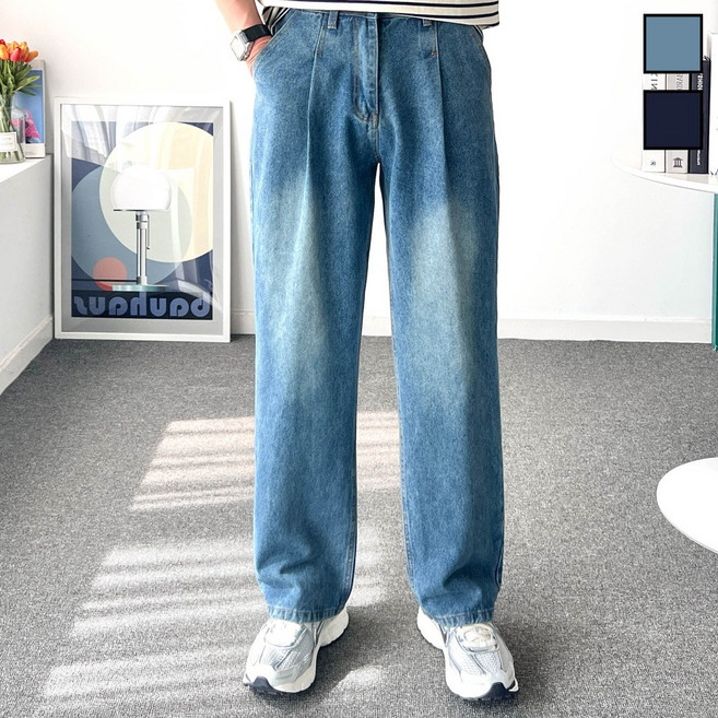 놈시크 남자 와이드 청바지 테이퍼드핏 핀턱 롱 데님 팬츠