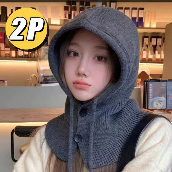 1+1 여성 따뜻한 니트 모자 머플러 일체형 여자 겨울 보온 귀달이 후드워머 비니