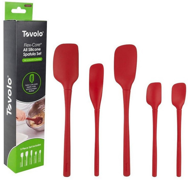 Tovolo Flex Core 5피스 실리콘 주걱 세트 내열성 모든 식기 논스틱 스푼 병 스크레이퍼 포함 식기 세척기 사용 가능 베이킹 믹싱용 BPA 프리 주걱 카이엔, Cayenne, All Silicone