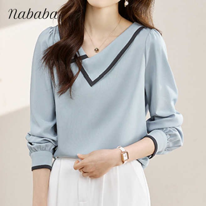 나바바 NB2861 여성 배색 포인트 브이넥 카라 긴팔 블라우스