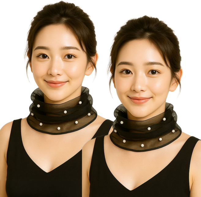 벨루크 진주 레이스 스카프 2개 구성 쉬폰 시스루 넥워머