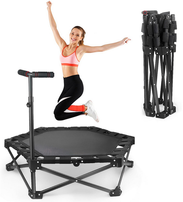접이식 트램폴린 가정용 유산소 운동 성인용 접이식 트램폴린 육각형 안전 조용한 디자인 조절식 손잡이 장착, 흑색