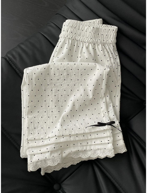 해피유통 여성 봄여름 도트 패턴 밴딩 레이스 장식 바지M05