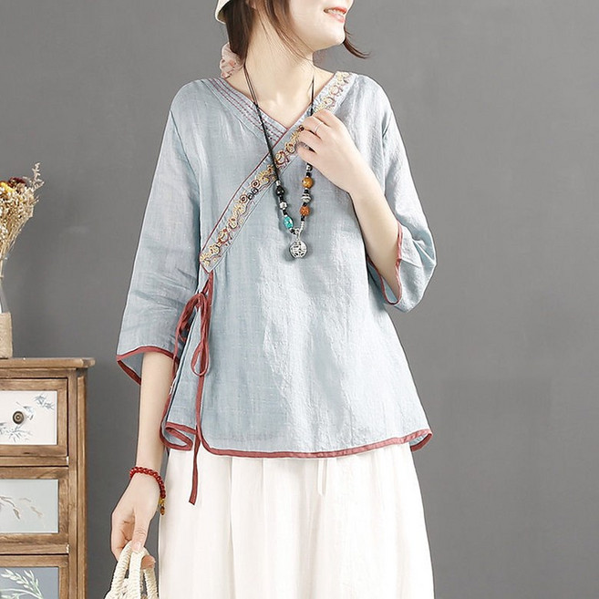 POMTOR 여름 여성 캐주얼 브이넥 7부소매 개량한복 루즈핏 면마 블라우스