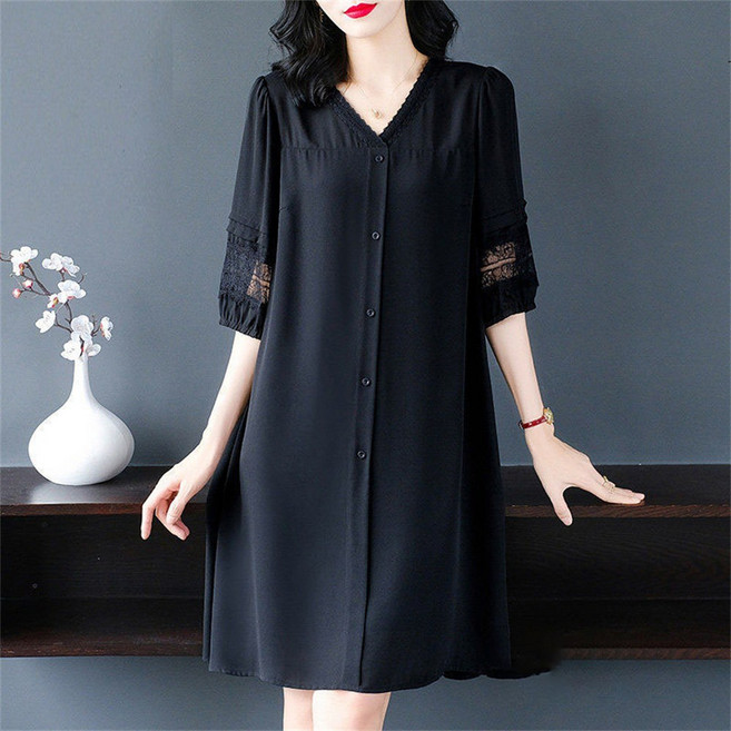 besteffie 여성 봄 가을 브이넥 레이스 반팔 쉬폰 원피스 우아한 디자인 데일리룩 엄마옷 K69