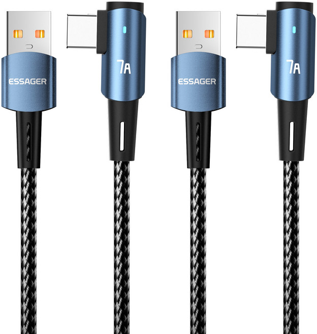 Essager 100W 7A 90도 퀵차지 L자형 PD USB A-C타입 고속 충전 케이블 2개입, 2개, 블랙, 2m