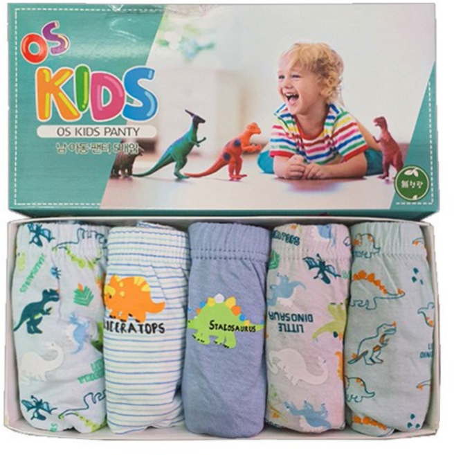 키즈스 남아용 쥬라기 무형광 순면100% 삼각팬티 5p 세트