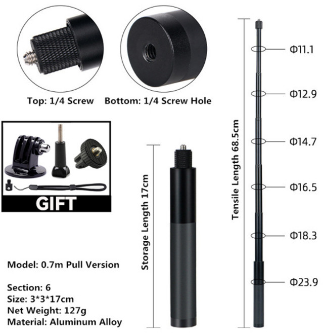 Insta 360 X5 X4 X3 셀카 스틱 DJI Osmo Action 5 4 Go Pro 13 12 11 10 9 8 스포츠 카메라 알루미늄 셀카 스틱 액세서리, 1개, [03] 68 CM Pull