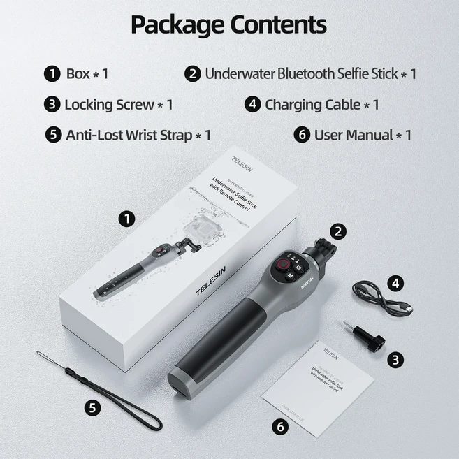 텔레신 수중 확장 셀카봉 무선 리모컨 (고프로 히어로 13 9 8 블랙용) 액세서리, 01 Remote Selfie Stick