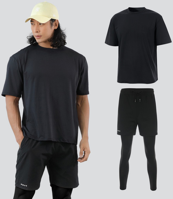 남자 오버핏 반팔 래쉬가드 상의 + 레깅스 반바지 상하의 세트