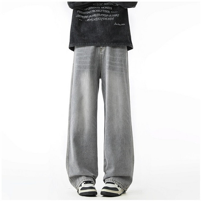 남자 와이드 일자 와이드 워싱 데님 팬츠