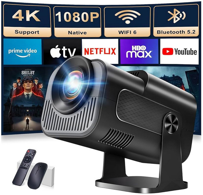 프로젝터 1080P 풀 HD 180 회전 4K 프로젝터 내장 앱 휴대용 WiFi 6 및 Bluetooth 5.2 지원 자동 키스톤 보정 기능 HDMI/USB 연결 블랙, Mini Projector, Black