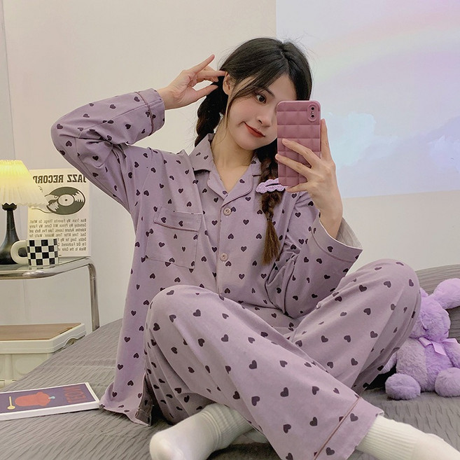 가을겨울 도파민 퍼플 하트 니트 파자마 여성용 칼라 긴팔 긴바지 홈웨어 투피스