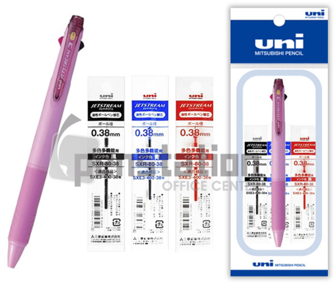 유니 제트스트림 SXE3-400 3색 0.38mm + 리필심 세트, 3색 0.38mm베이비핑크1+리필심(흑1 +청1+적1)