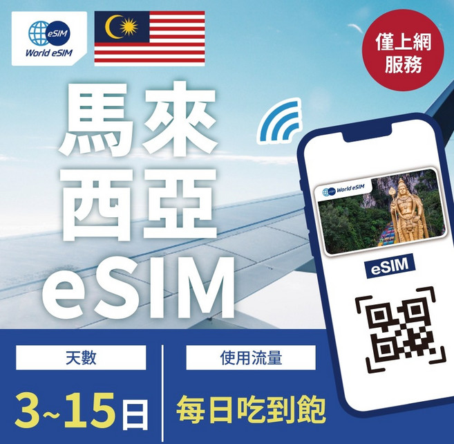 World eSIM 馬來西亞 eSIM 上網卡，3-15日, 3日,每日吃到飽