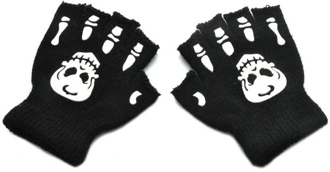 어둠 속에서 빛나는 유아 어린이 할로윈 해골 해골 반 손가락 장갑 핑거리스 스트레치 니트 장갑, 하얀색