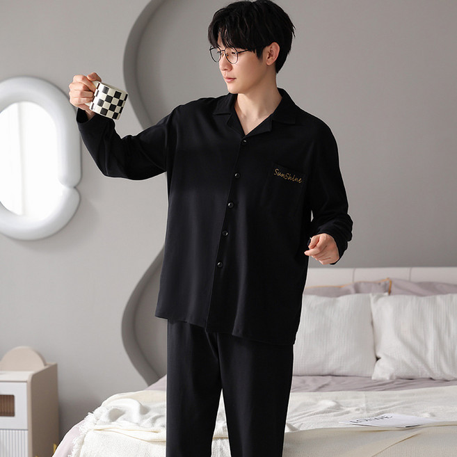 睡衣男士家居服棉質翻領套裝居家休閒可外穿休閒風透氣長袖