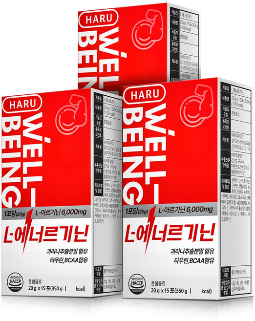 하루웰빙 L-에너르기닌 L아르기닌 6000mg BCAA함유 20g x 15포, 300g, 3개
