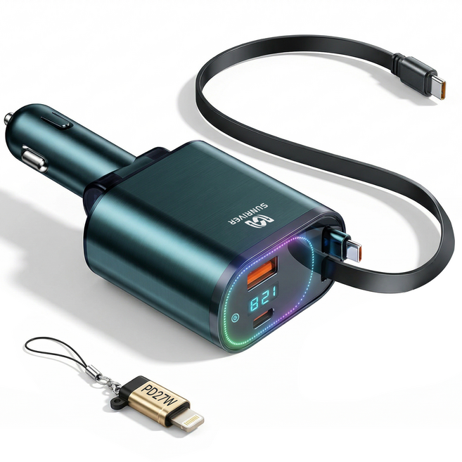 SUNRIVER 차량용 초고속 충전기 240W 3세대 4in1 C타입 2개 애플 변환 잰더 포함 PD USB 4대 동시 충전, 240W/앰레인보우 램프+C타입to애플 변환 젠더, S8