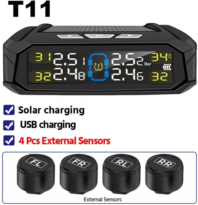 4개의 외부 센서가 있는 태양열/USB 충전 무선 TPMS RV 세단 SUV 트럭용 타이어 압력 모니터 시스템 LCD 디스플레이, 1개