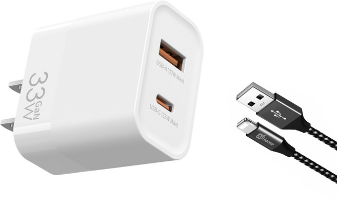 33W GaN 氮化鎵充電頭 USB A Type-C 雙口PD快充 豆腐頭 蘋果iPhone/Android 充電器, 1套, 33W雙孔氮化鎵快充頭線組（附100cm A轉L快充線）