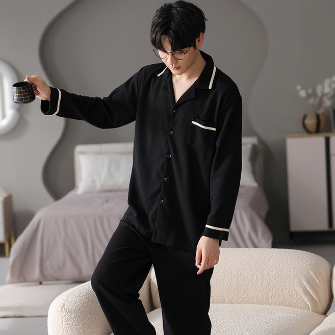 睡衣男士家居服棉質翻領套裝居家休閒可外穿休閒風透氣長袖