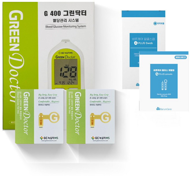 GC녹십자MS 그린닥터 혈당측정기 + 시험지100매 + 채혈침100매 + 알콜솜100매, 그린닥터혈당측정기세트, 1세트