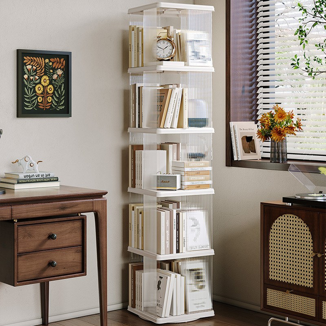 360도 회전 책꽂이 회전 정리함 거실 수납장, 흰색, 5단