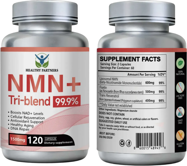 NMN 폴리페놀 항노화 피세틴 트랜스 레스베라트롤 DNA 복합성분 니코틴아마이드 NAD 1200MG AMPK효소 고순도 99% 무관세, 6개, 120정