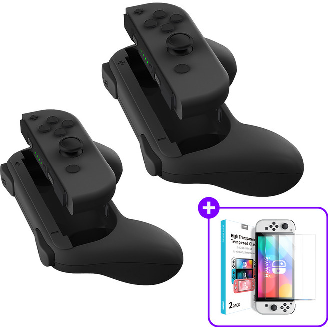 호후 닌텐도스위치 조이콘 그립 강화유리 액정 보호필름 2매, 조이콘그립2P(블랙)+스위치강화유리필름2매, 1개
