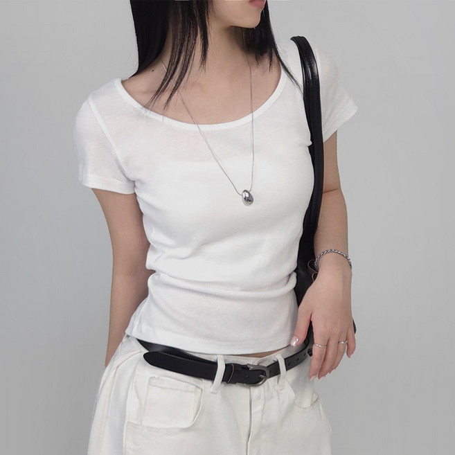 센시즌 릴리즈 순면 여성용 슬림 루즈 유넥 레이어드 반팔티셔츠