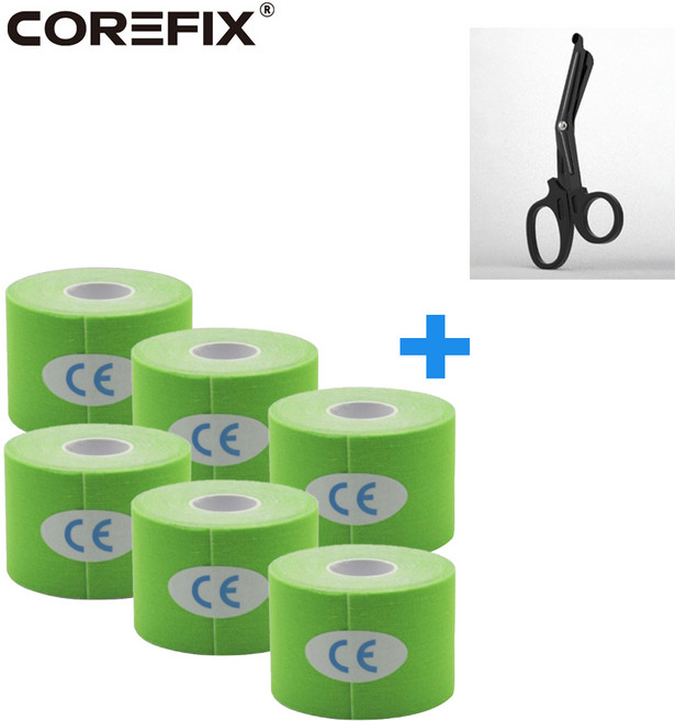 코어픽스 스포츠테이프 + 가위 1 근육 머슬 헬스 무릎 키네시올로지 스포츠테이프 테이프 테이핑, 옐로그린_전용가위, 6개