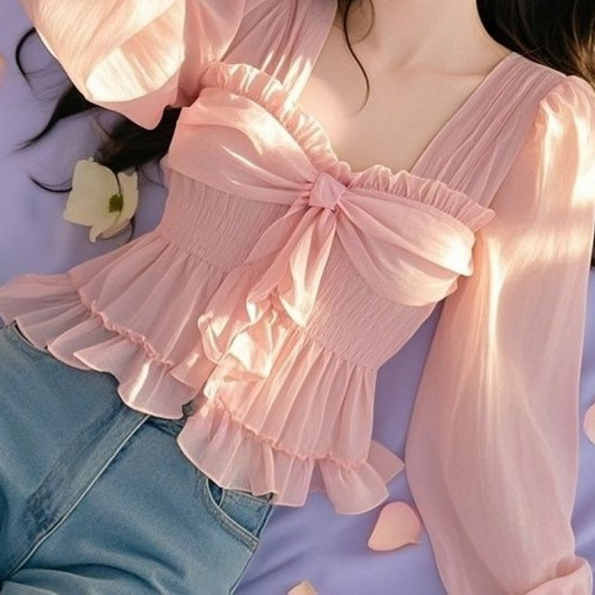 미중 여성 봄 가을 뉴 프릴 감미로운 퍼프 시폰 셔츠 긴팔aq