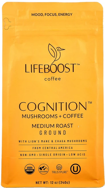 Lifeboost Cognition 버섯 커피 분쇄 커피 미디엄 로스트 340g(12온스), Lifeboost Cognition 버섯 커피 분쇄 커, 340g, 1 - 쿠팡