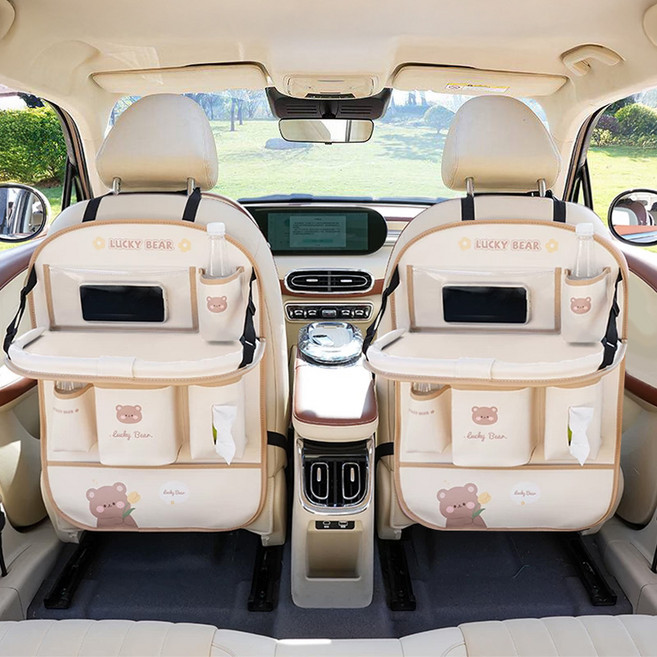 차량용 가죽 킥커버 뒷좌석 수납함 멀티 테이블 컵홀더 태블릿 거치 포켓 발자국 방지 프리미엄 수납 정리함 시트백 방수 접이식, 밀크티, 1개