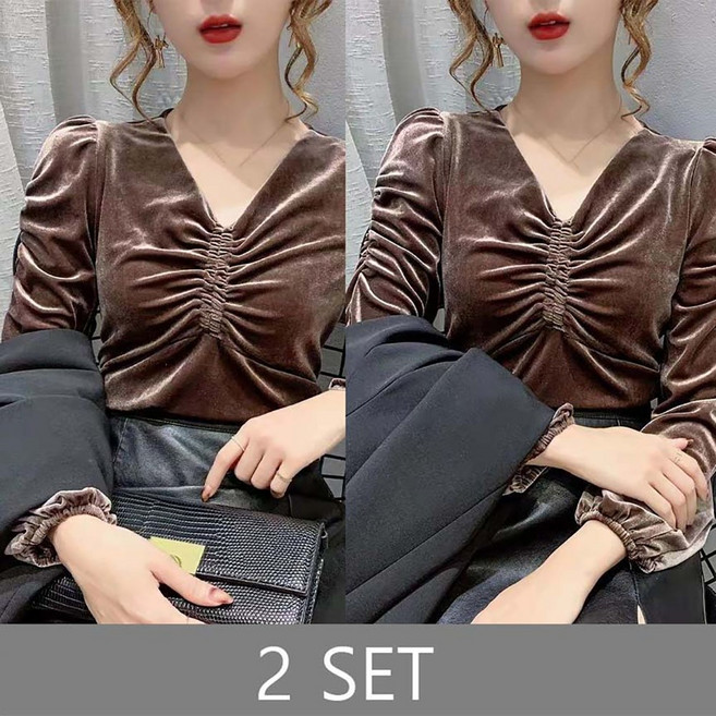 ROYALBELLE 1+1세트 여성 벨벳 라운드넥 긴팔 티셔츠 데일리 패션 티셔츠 E0102003