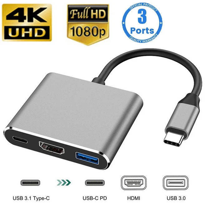 맥북 에어 컨버터용 USB 허브 C to HDMI 호환 분배기 C타입 도킹 스테이션 3 in 1, 01 Grey