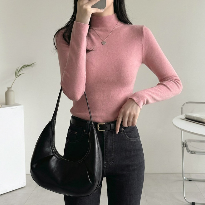 데일리앤 마르셀 여성 이너 슬림핏 골지 반폴라 긴팔 니트 티셔츠 가을 겨울