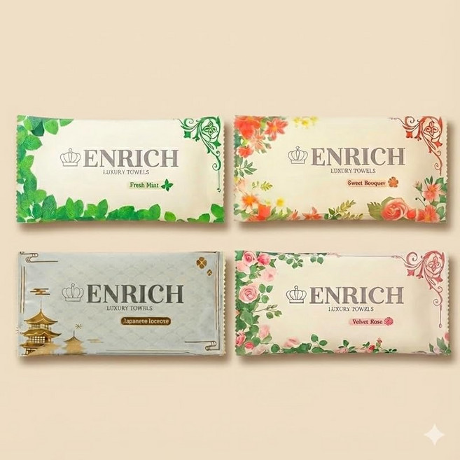 일회용 오시보리 럭셔리 두꺼운 마이크로 화이버 ENRICH 아로마 향기로운 대형 개인 포장 8장 어소트 세트 방문객용 업무용 쁘띠 선물 휴대용 시험 100 세트, 1개, 1개입