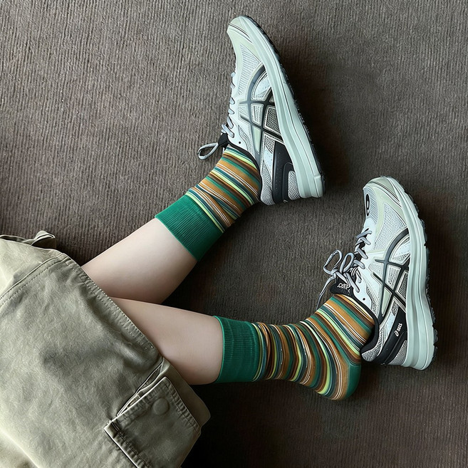 Guokr Store 여성 빈티지 스트라이프 중목양말 캐주얼 패션 2켤레 세트 사이즈 23-25cm